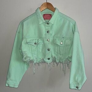 Signatures Distressed Cropped Jean Neon Green Jacket